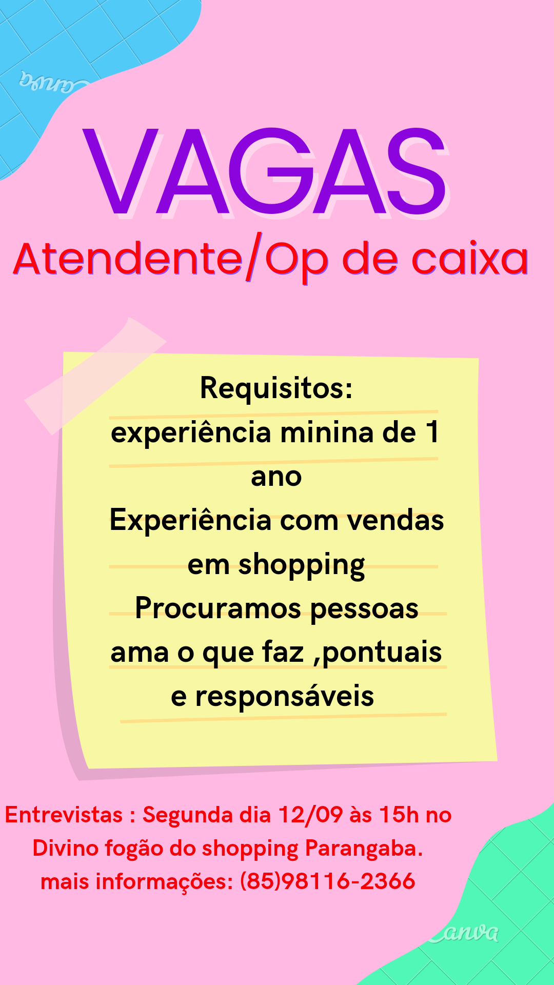 Vagas para Atendente/ Op de caixa