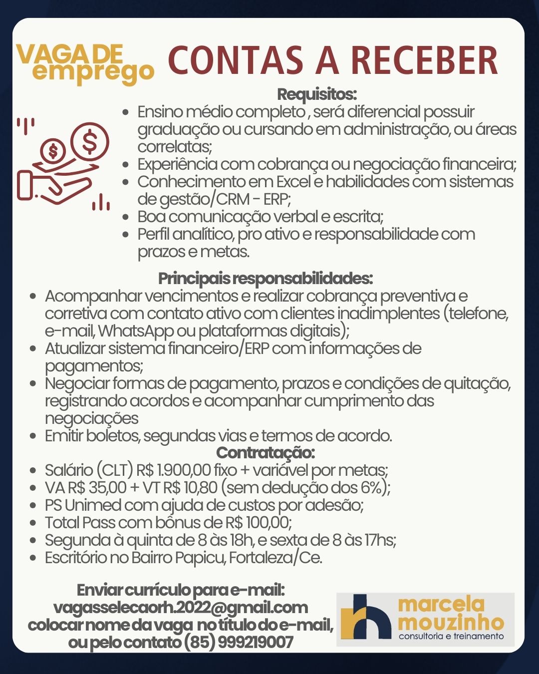 Vaga de Contas a Receber em Fortaleza/CE